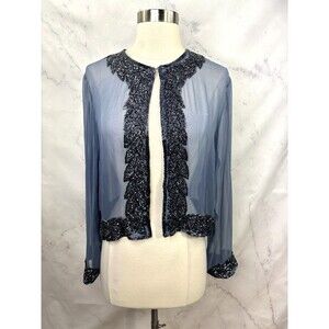 VTG Silk Beaded Bolero Jacket Blue Hand Beaded Glass Bugle Beads Gatsby Glam M